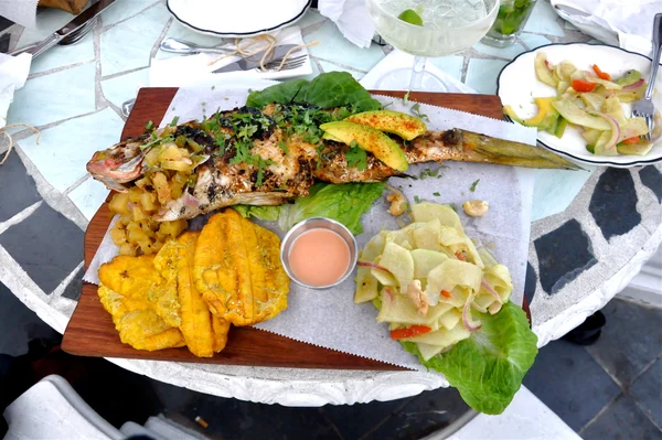 Grilled yellow snapper with green papaya salad and tostones